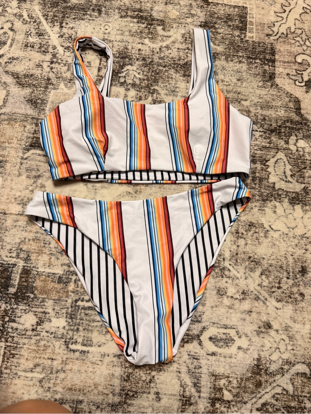 Striped Multicolor Bikini Set - White Base with Rainbow Stripes